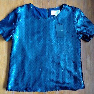 Just One Answer (JOA) Navy Sequin Short Sleeve Blouse - Size Medium - NWT